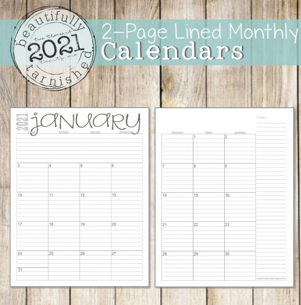 2021 Lined Monthly 2Page Calendars (Full Year)  The for 2021 Lined Monthly Calendar Printable