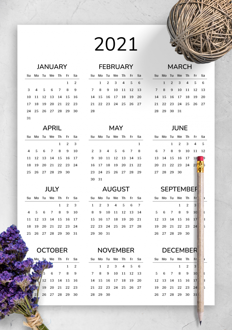 2021 Printable Calendar with One Page 12 Month Calendar