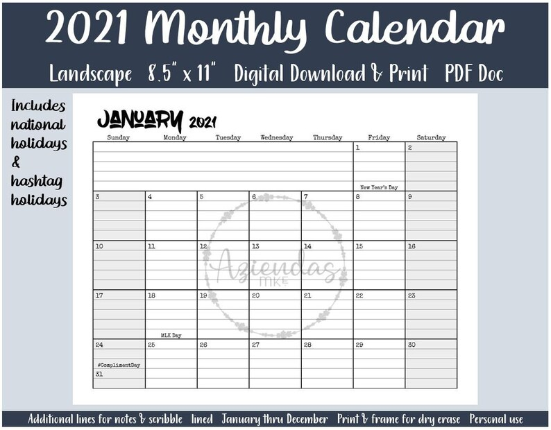 2021 Printable Monthly Calendar 12 Months Instant Download intended for 2021 Lined Monthly Calendar Printable