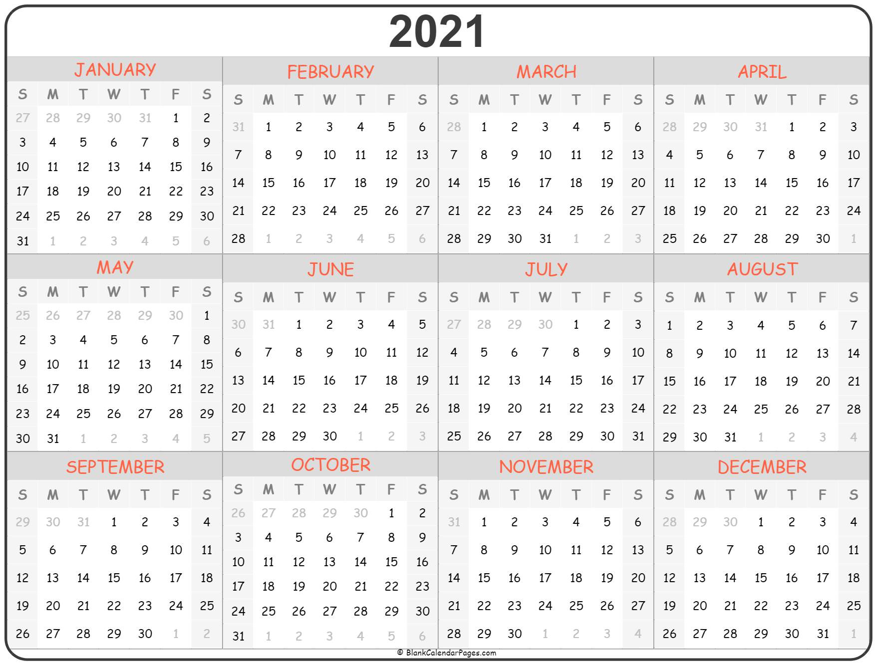 2021 Year Calendar | Yearly Printable in Calendarpedia 2021 Printable Free Us Calendar Landscape