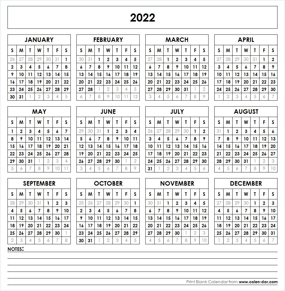 2022 Printable Calendar | Yearly Calendar Template for One Page 12 Month Calendar
