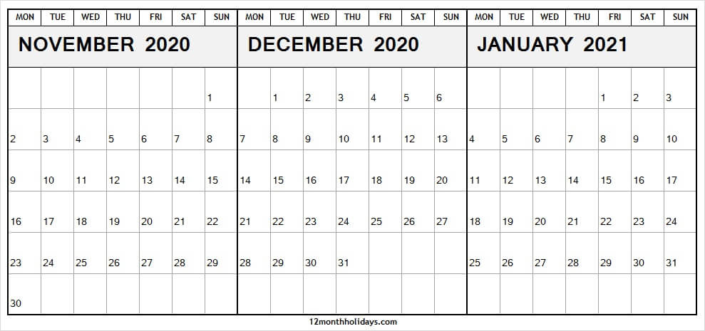 3 Month Calendar November December 2020 January 2021 | To inside November December And January Calendar