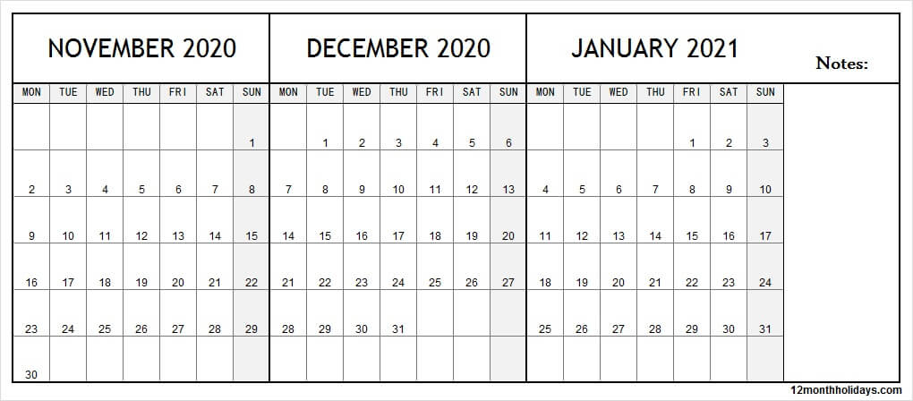 3 Month Calendar November December 2020 January 2021 | To intended for November December And January Calendar