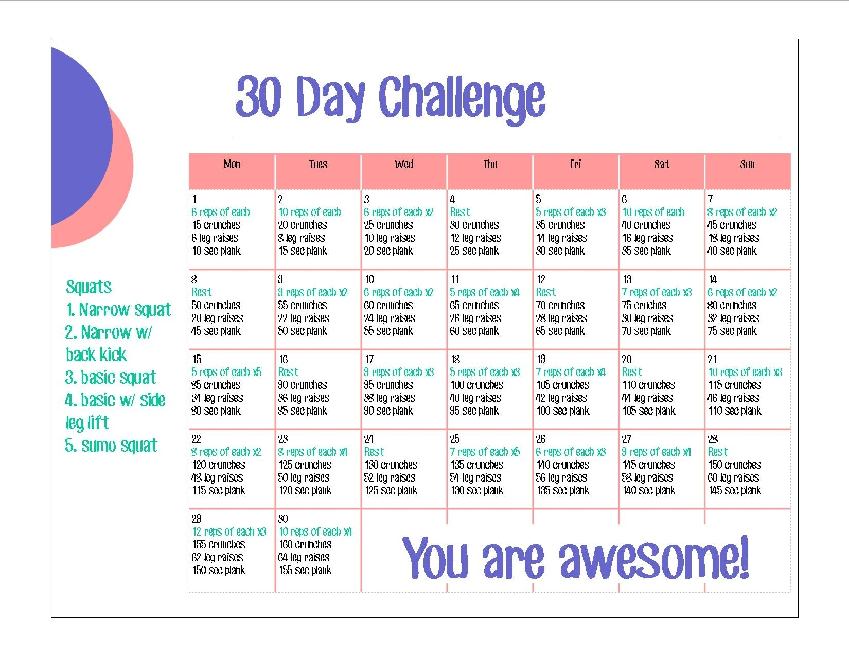 30 Day Abs And Squats Challenge Printables | Calendar within 30 Day Printable Calendar