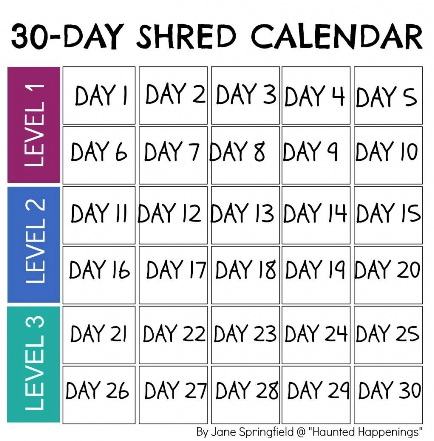 30 Day Shred Calendar Printable | Free Letter Templates in 30 Day Printable Calendar