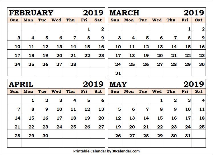 4 Month Calendar Feb May 2019 | Calendar, Weekly Calendar inside Four Month Calendar Template
