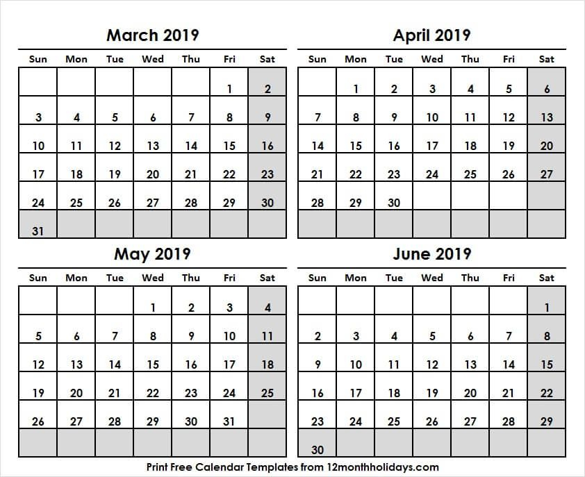4 Month Calendar March June 2019 | Calendar March pertaining to Four Month Calendar Template