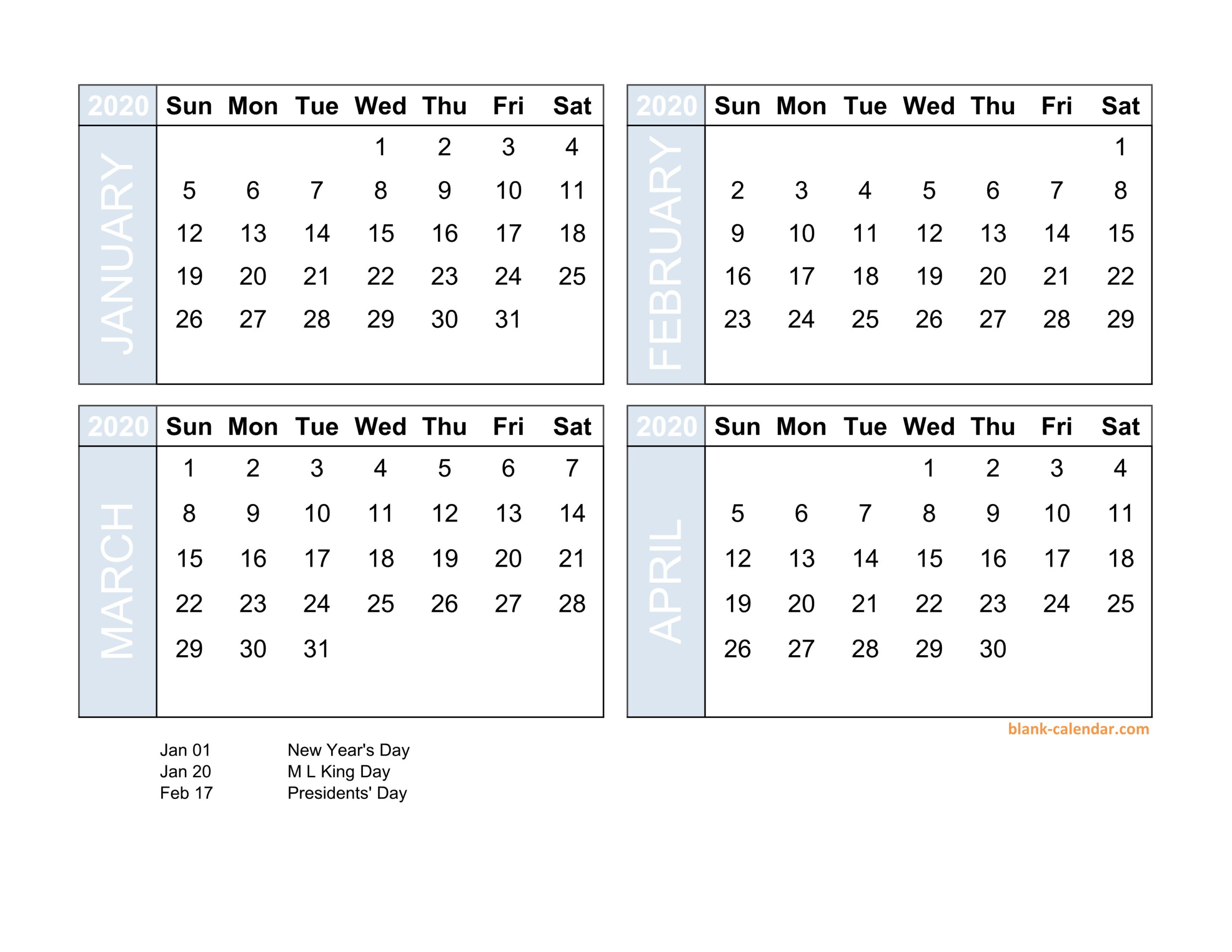 4 Month Printable Calendar 2020 | Example Calendar Printable intended for 4 Month Blank Calendar