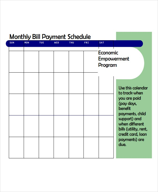 6+ Bill Payment Schedule Templates  Free Samples pertaining to Bill Calendar Template