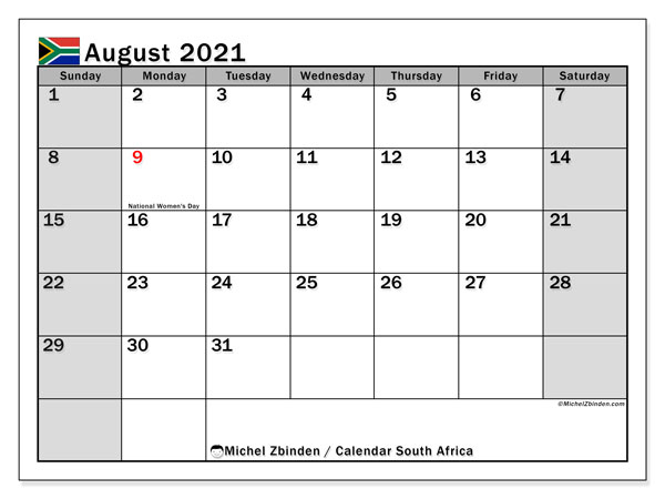 August 2021 Calendars &quot;Public Holidays&quot;  Michel Zbinden En intended for Printable Calendar 2021 South Africa