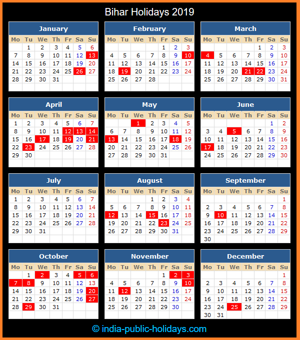 Bihar Holidays 2019 intended for Bihar Sarkar Holiday Calendar 2018