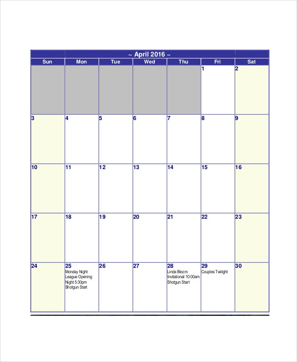 Blank Calendar Template  11+ Free Word, Excel, Pdf pertaining to 30 Day Printable Calendar