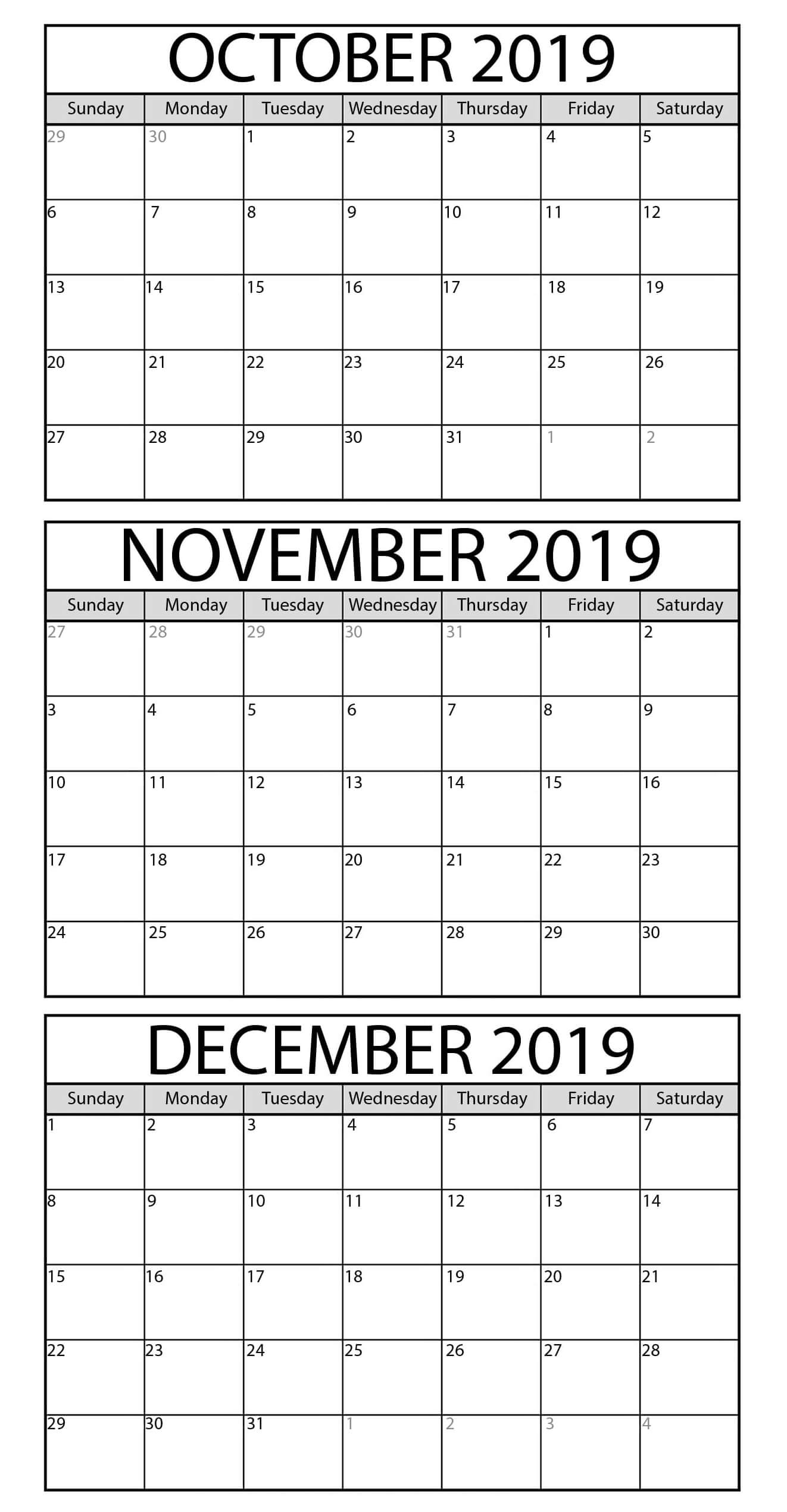 Blank October To December 2019 Calendar Printable | Magic with December Win Calendar
