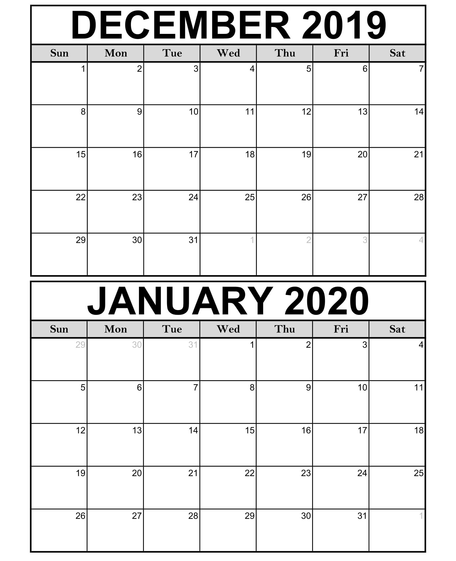 Calendar December 2019 January 2020 Template  2019 within December Win Calendar