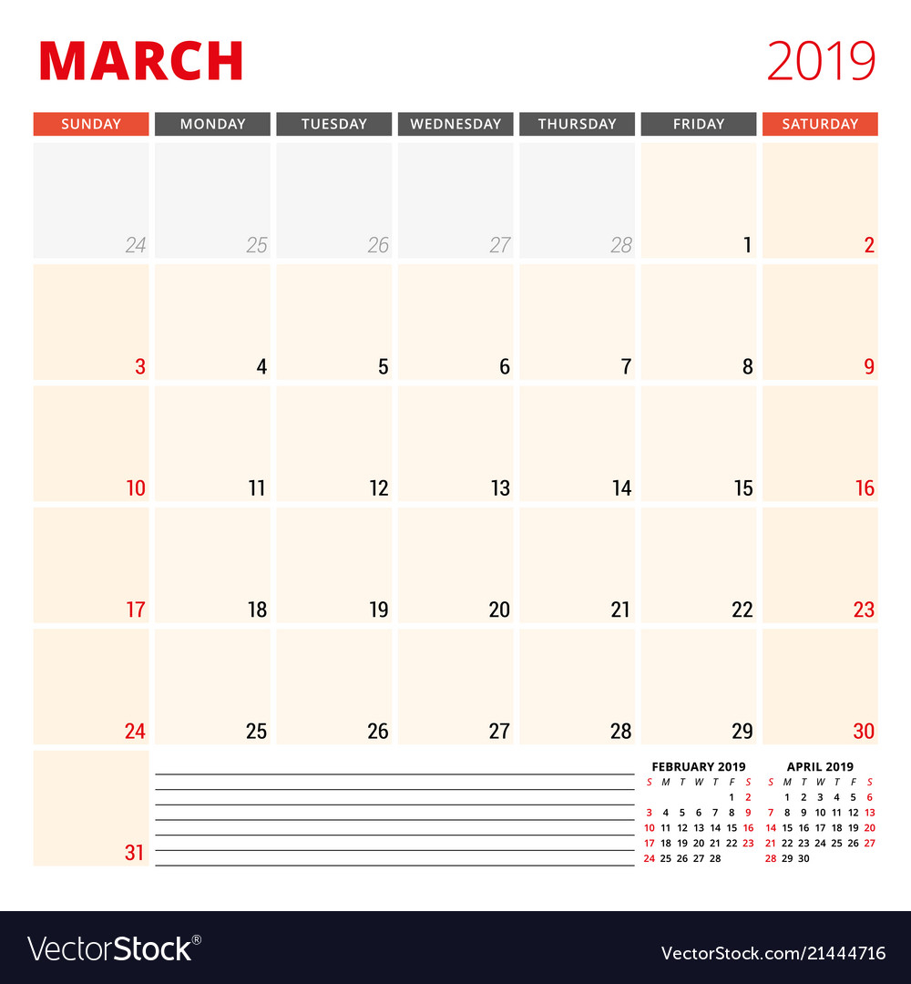 Calendar Planner Template For March 2019 Week Vector Image in 16 Week Calendar Template