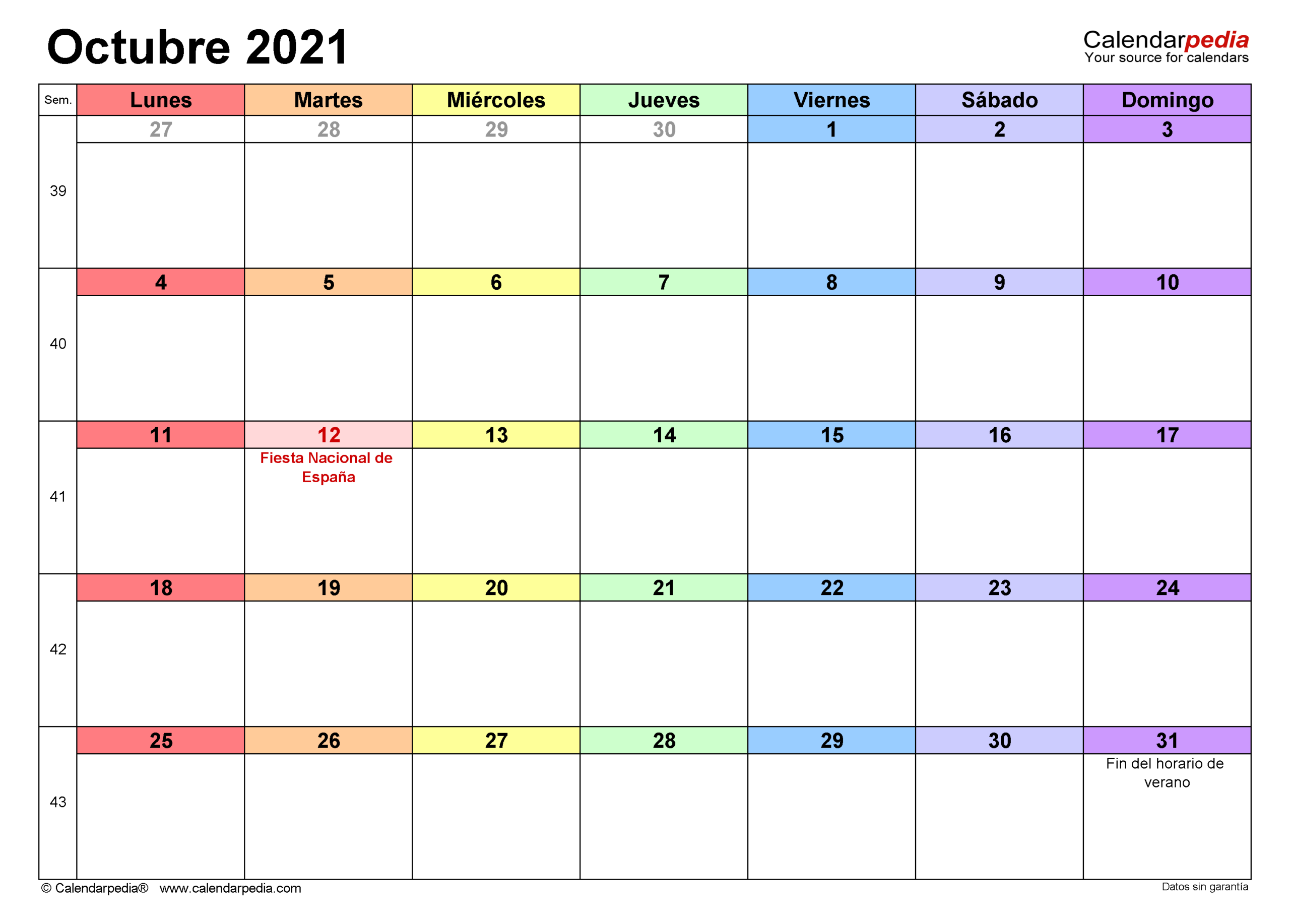 Calendario Octubre 2021  Calendarpedia inside Calendario Excel 2021 Plantilla