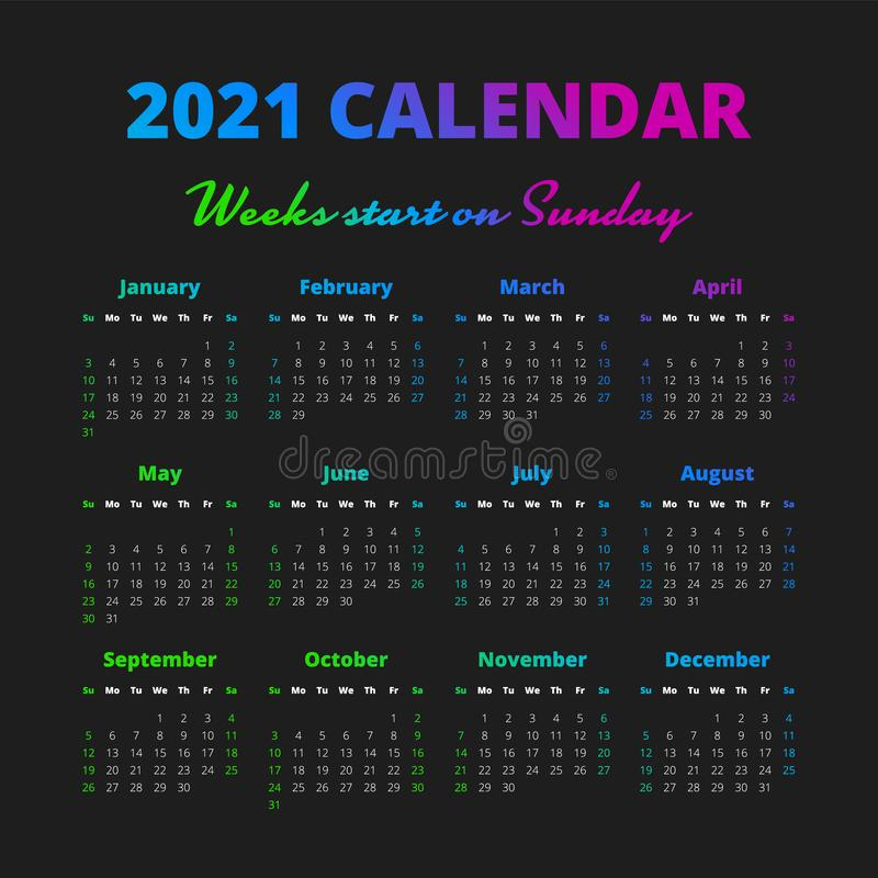 Calendario Simple De 2021 Años Ilustración Del Vector within Calendario Del 2021 Con Semanas