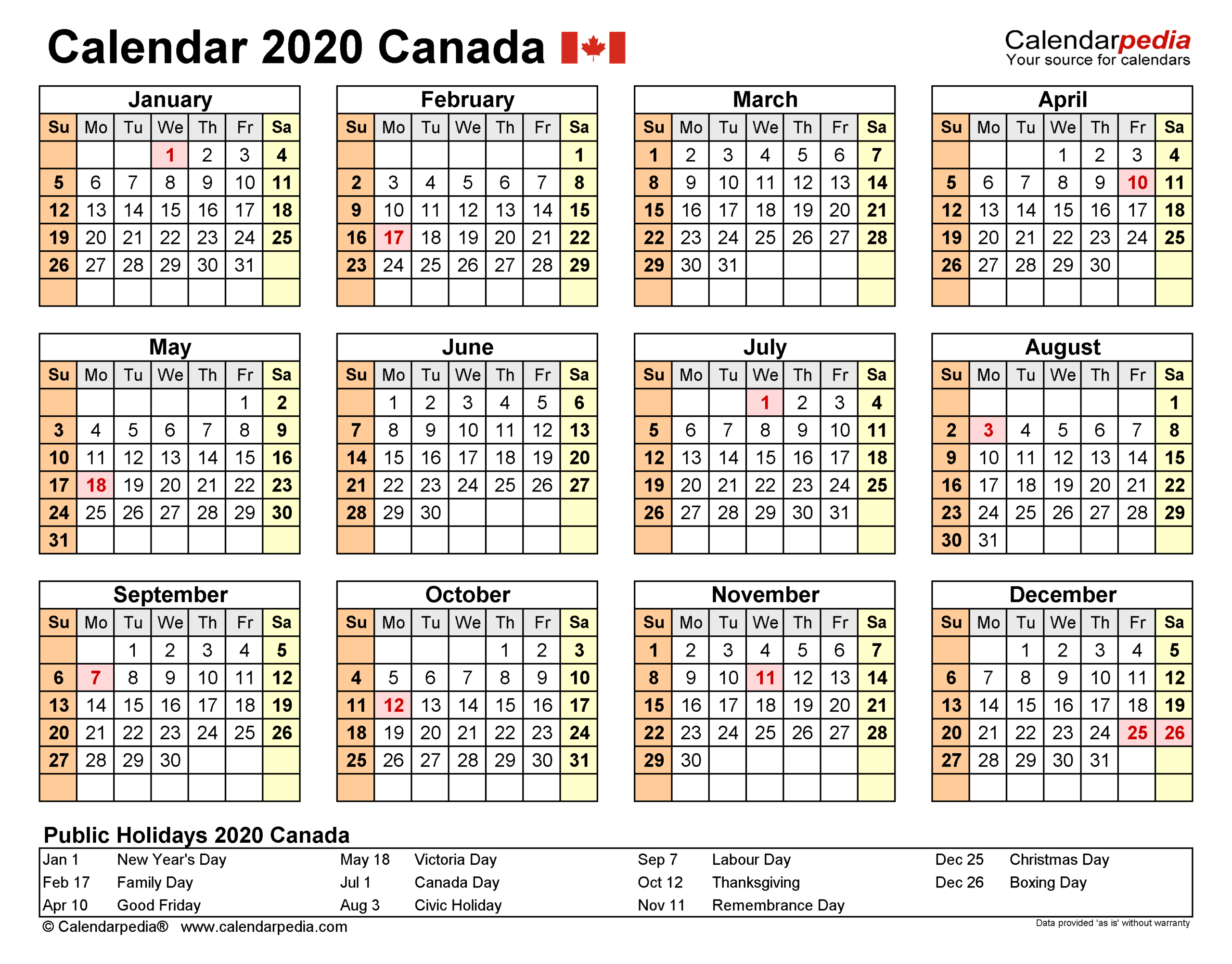 Canada Calendar 2020  Free Printable Word Templates throughout Calendarpedia 2021 Printable Free Us Calendar Landscape