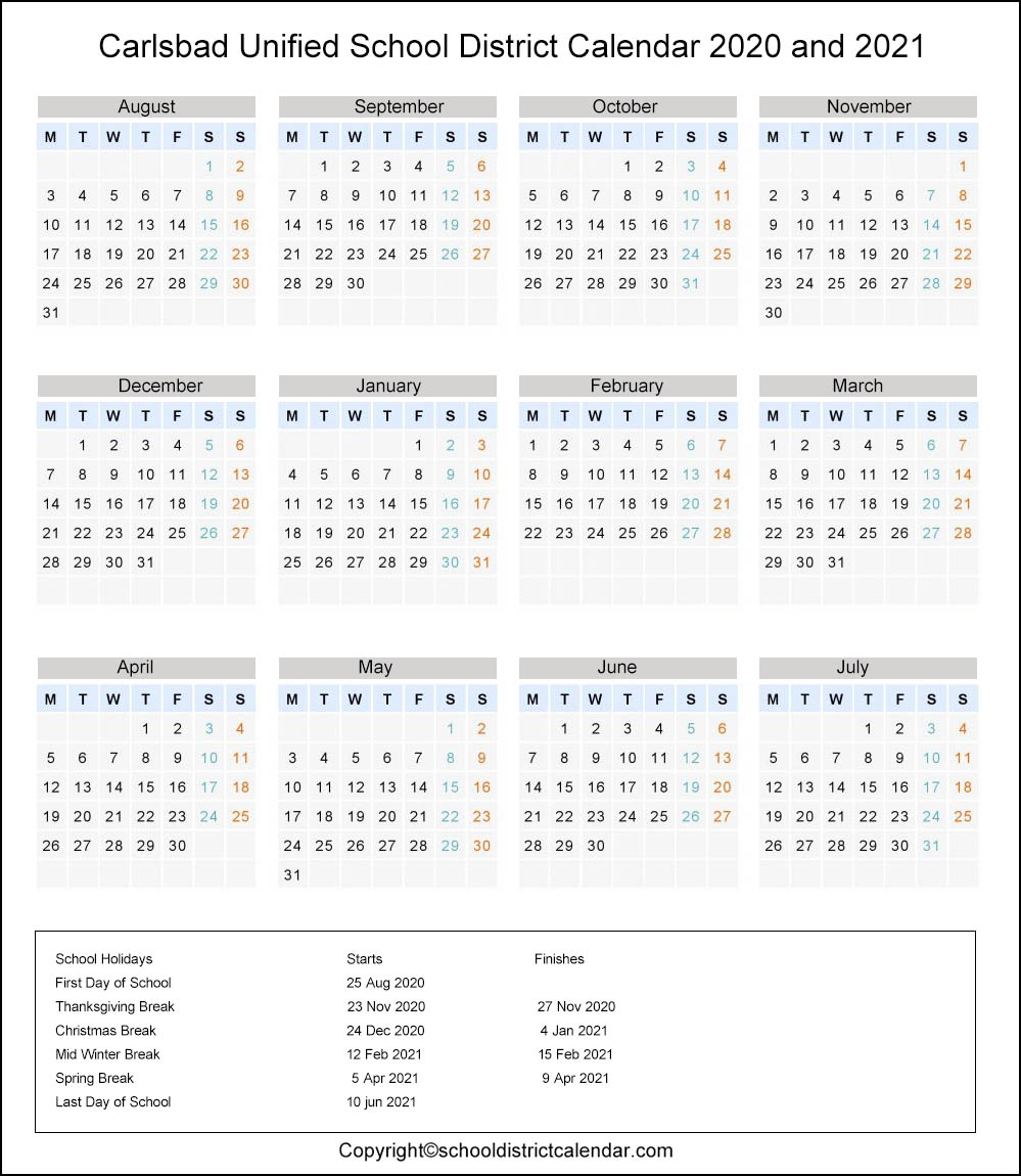 Carlsbad Unified School District Calendar Holidays 20202021 in Mukilteo School District Calendar
