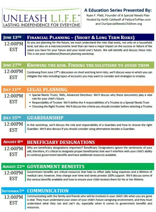 Check Out Our Special Needs Planning Topic Webinar Series for Please Mark Your Calendars