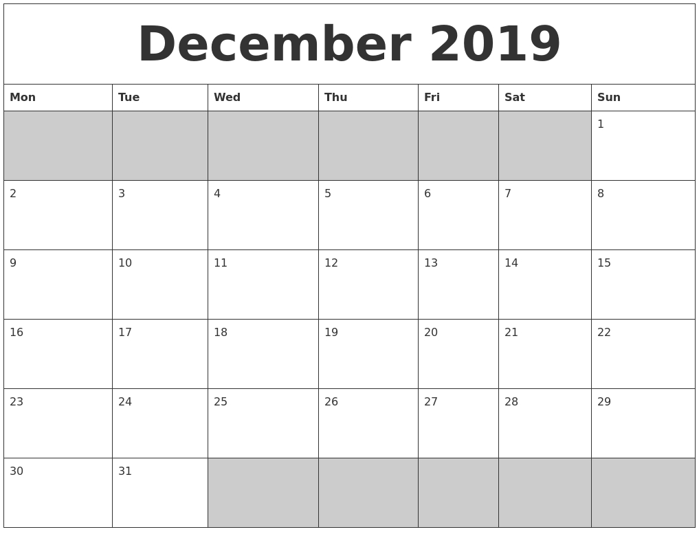 December 2019 Blank Printable Calendar intended for December Win Calendar