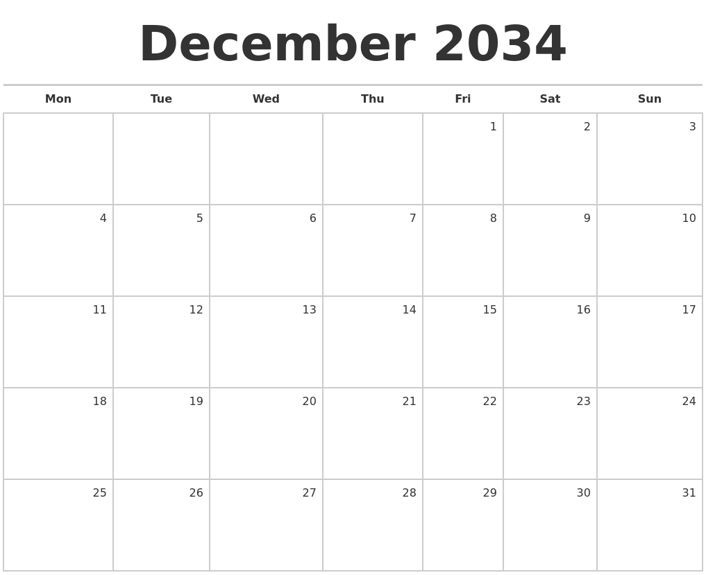 December 2034 Blank Monthly Calendar with December Win Calendar