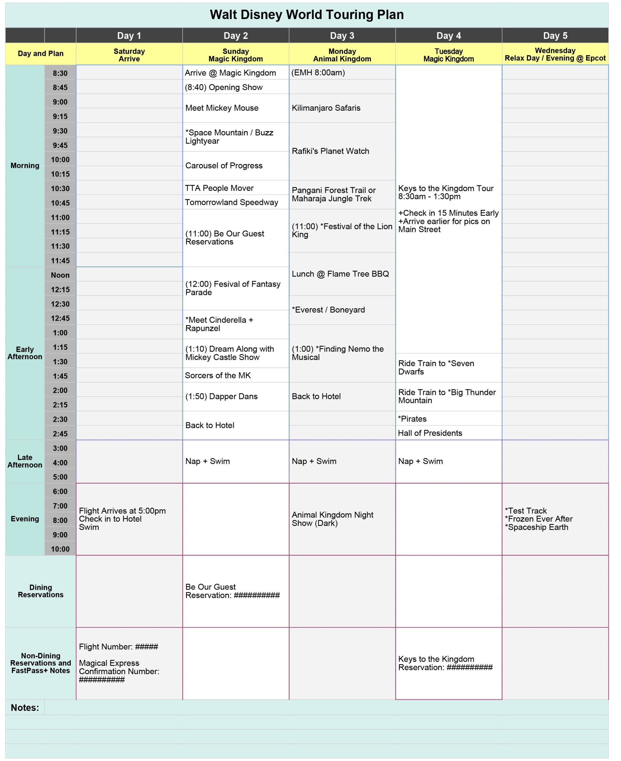 Disney World Blank Itinerary Template | Calendar Template with Disney Itinerary Template