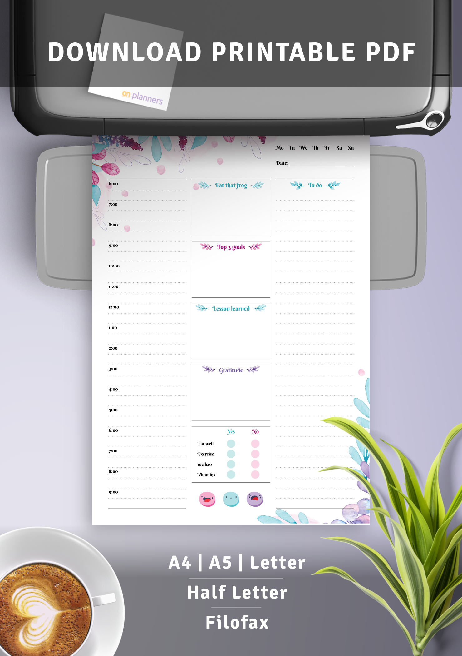 Download Printable Flowered Daily Hourly Planner Pdf in Weekly Hourly Planner Printable Pdf