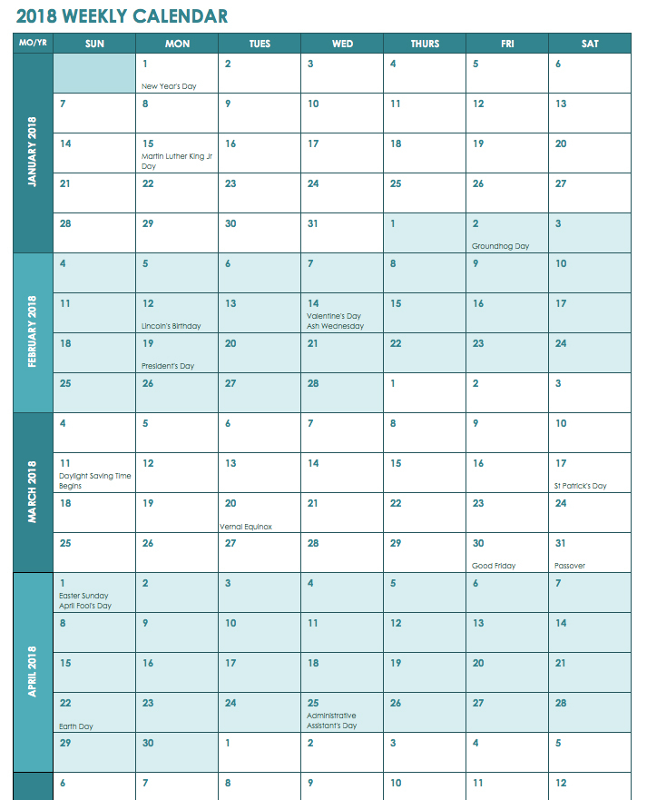 Excel 2018 Calendar Template Printable Week Calendar regarding 16 Week Calendar Template