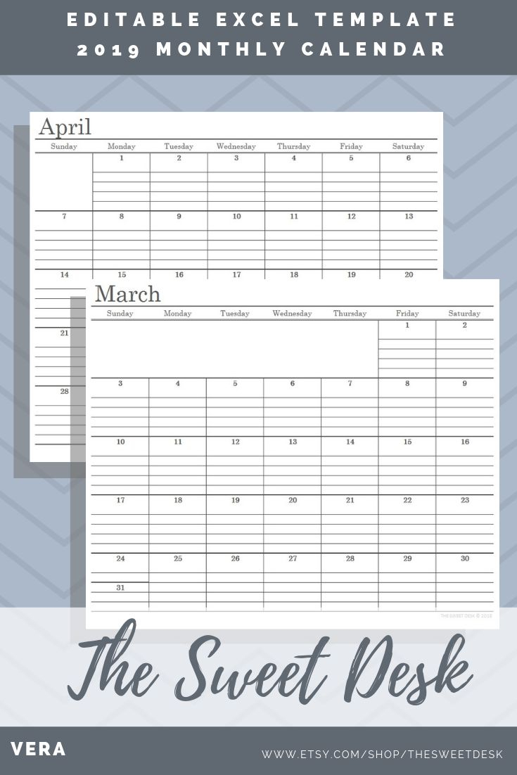 Excel Editable Calendar 2019, Printable Calendar, Lined pertaining to Printable Monthly Calendar With Lines