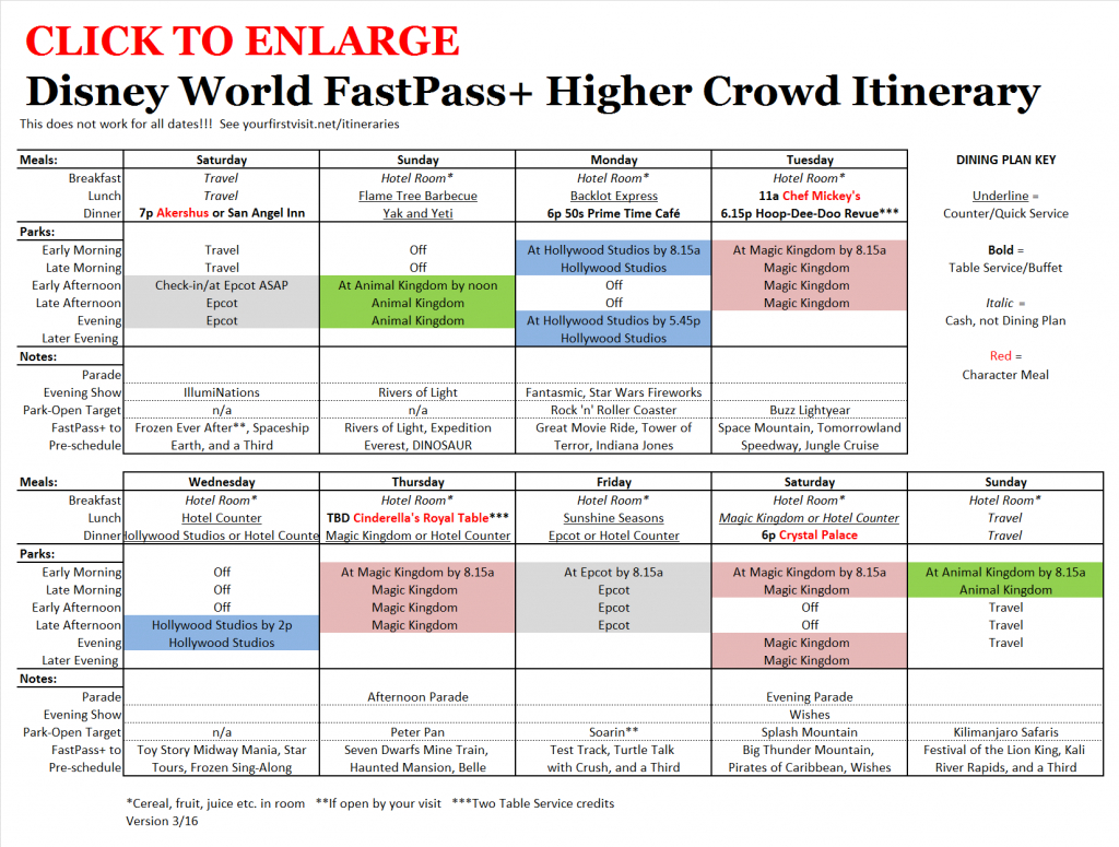 Fastpass+ And Daily Agendas Now Out For The High Crowd Itinerary  Yourfirstvisit with regard to Disney World Itinerary Template Free