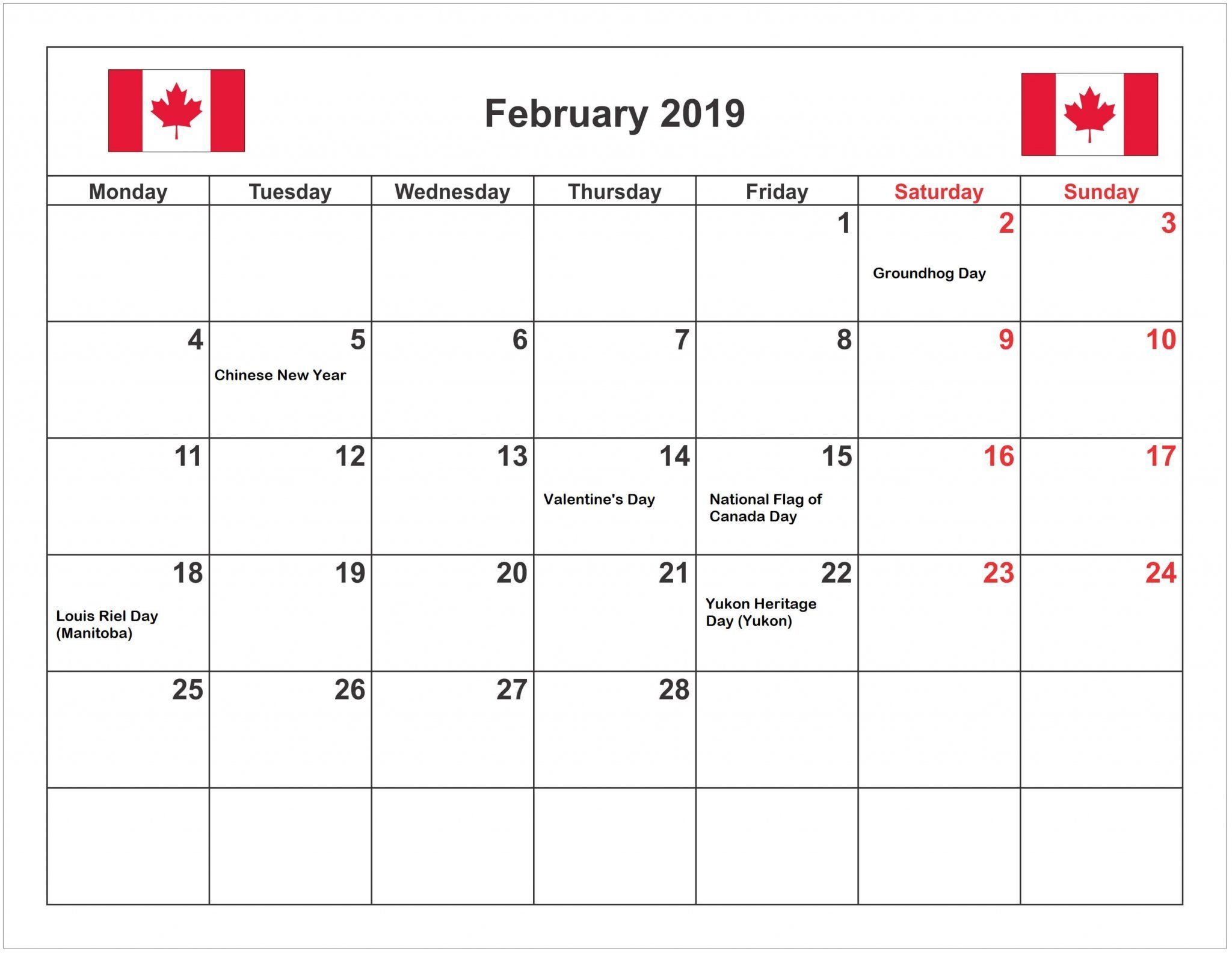 February 2019 Calendar With Holidays Canada | February inside Team Holiday Calendar