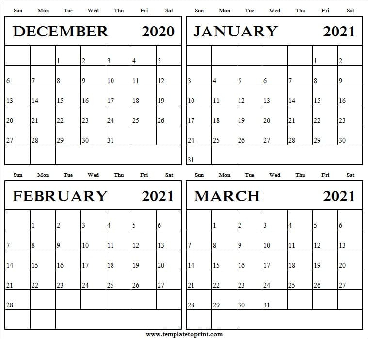 Four Month December 2020 To March 2021 Calendar  Pinterest intended for Four Month Calendar Template