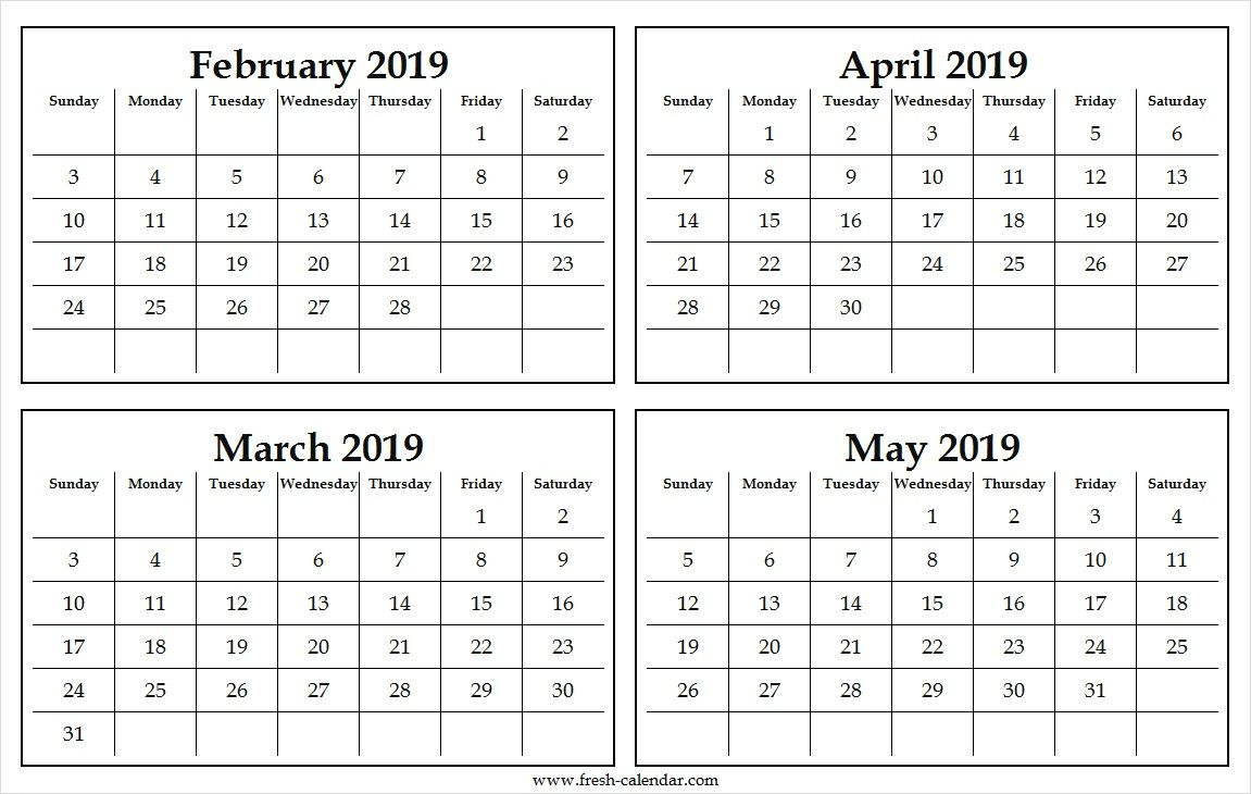 Four Monthly February To May 2019 Calendar Template Free within Four Month Calendar Template