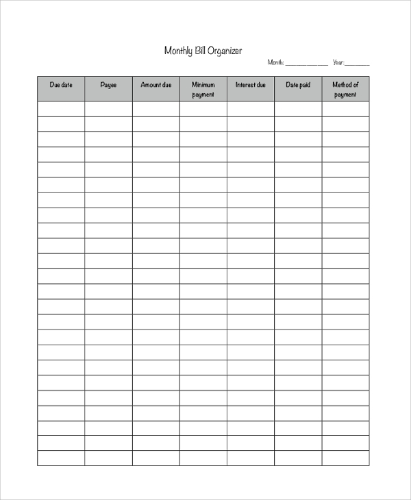 Free 9+ Sample Bill Organizer In Pdf | Ms Word | Excel within Monthly Bill Template Free Printable