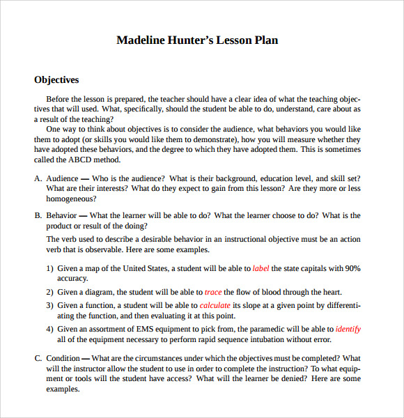 Free 9+ Sample Madeline Hunter Lesson Plan Templates In with regard to Ganag Lesson Plan