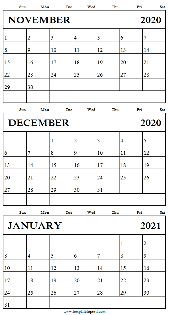 Free Blank Calendar November December 2020 January 2021 throughout November December And January Calendar