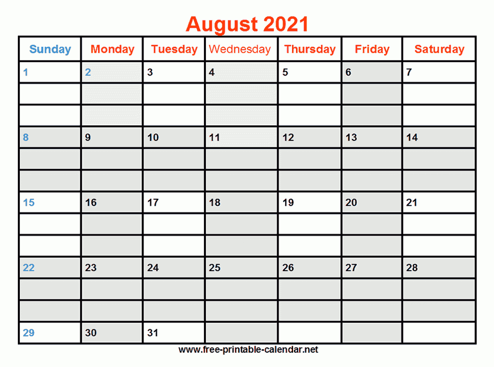 Free Printable August 2021 Calendar intended for Calendars Printable 2021 Free With Grid Lines