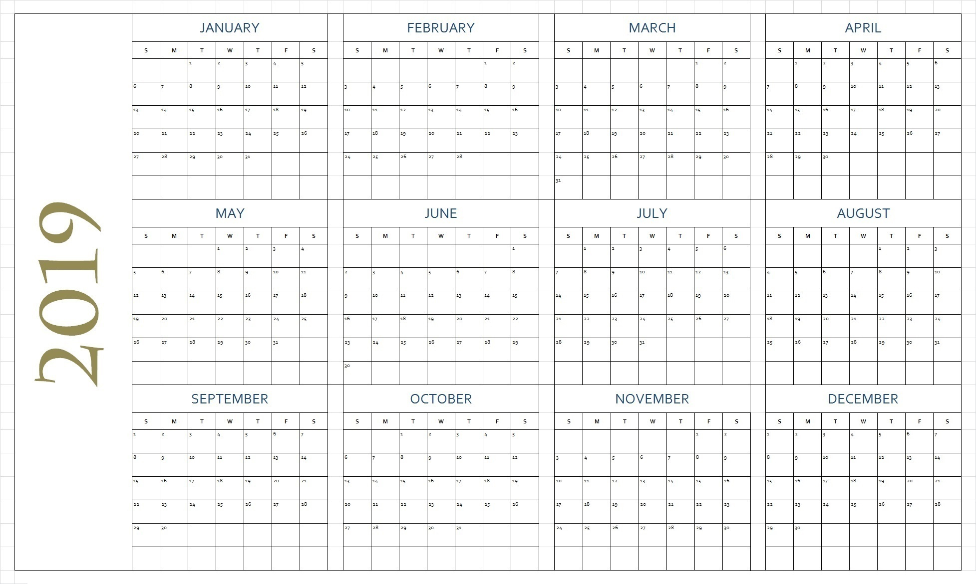 Free Printable Calendar 2019 In Pdf Word Excel Template within One Page 12 Month Calendar