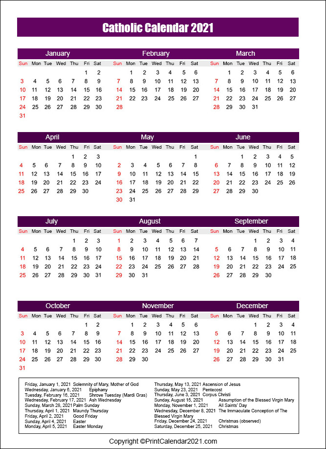 Free Printable Catholic Liturgical Calendar 2021 Year B for Catholic Calendar 2021 Poster