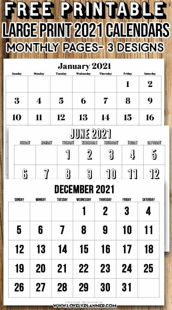 Free Printable Large Print 2021 Calendar  12 Month for Free Printable 3 Month Calendar 2021