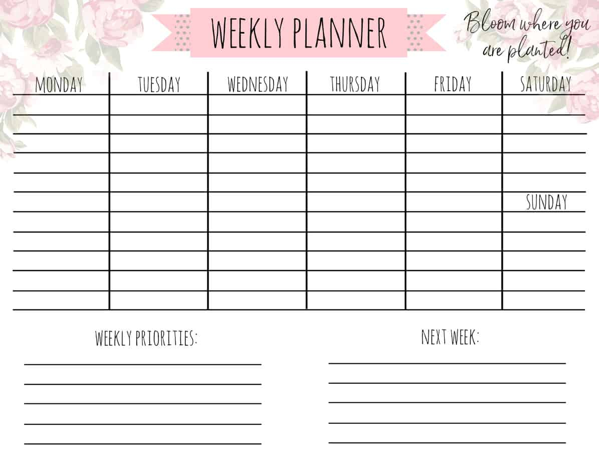 Free Printable Weekly Calendar &quot;Garden Life&quot;  A Country with One Week Blank Calendar