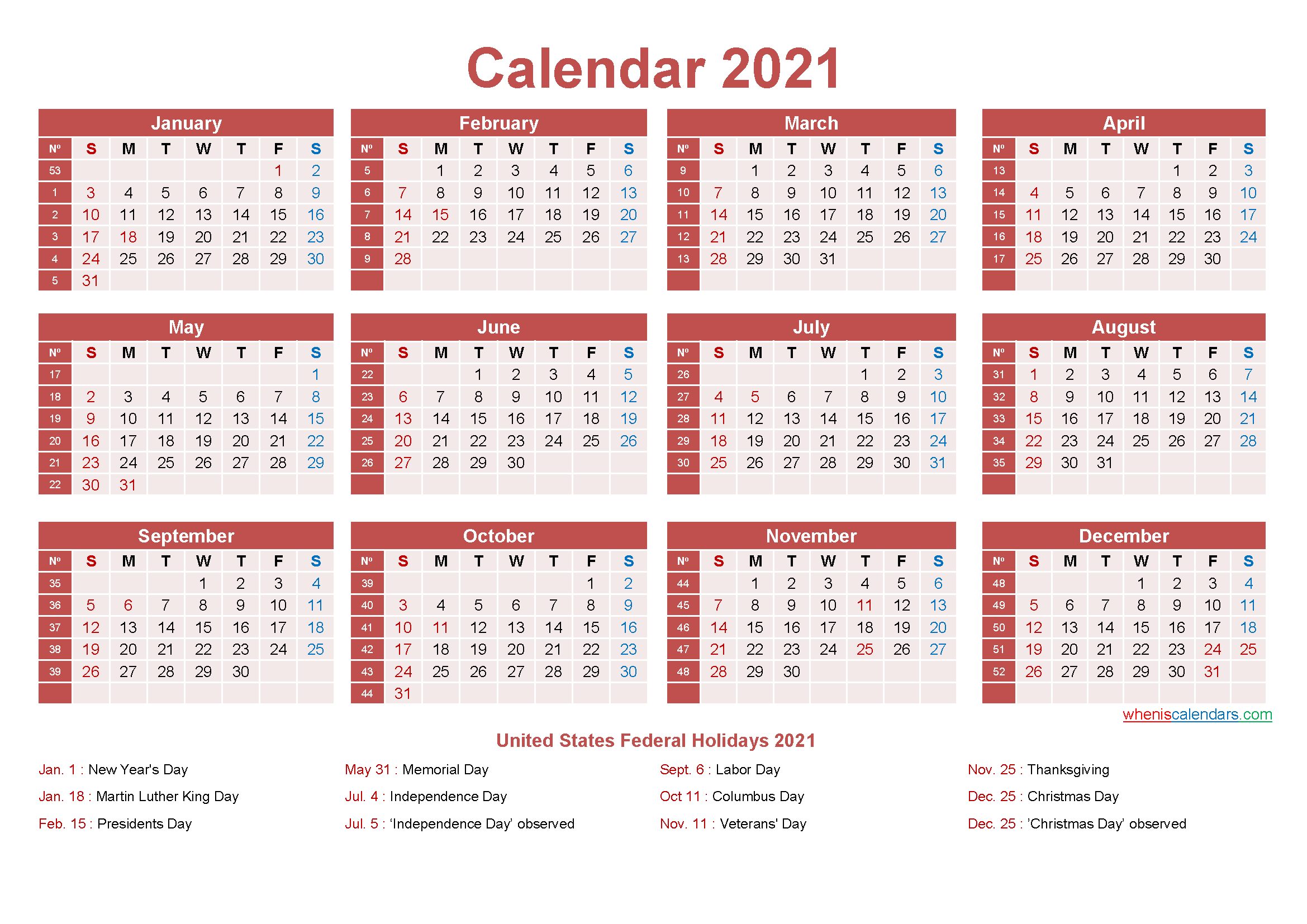 Free Yearly 2021 Calendar With Holidays Word, Pdf throughout 2021 Monthly Calendar Printable Pdf