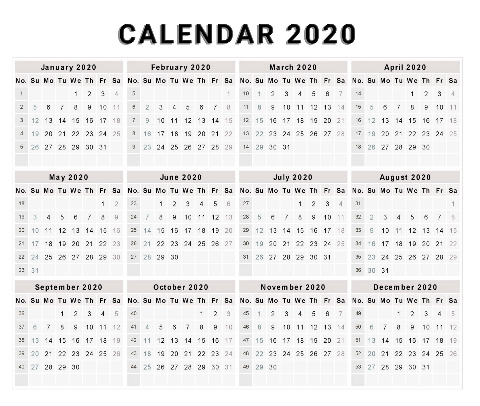 Free Yearly Printable Calendar 2020 With Holidays with regard to One Page 12 Month Calendar