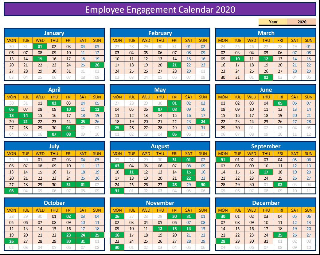 Fully Dynamic Employee Engagement Calendar For 2020 In Excel regarding Dynamic Event Calendar Excel