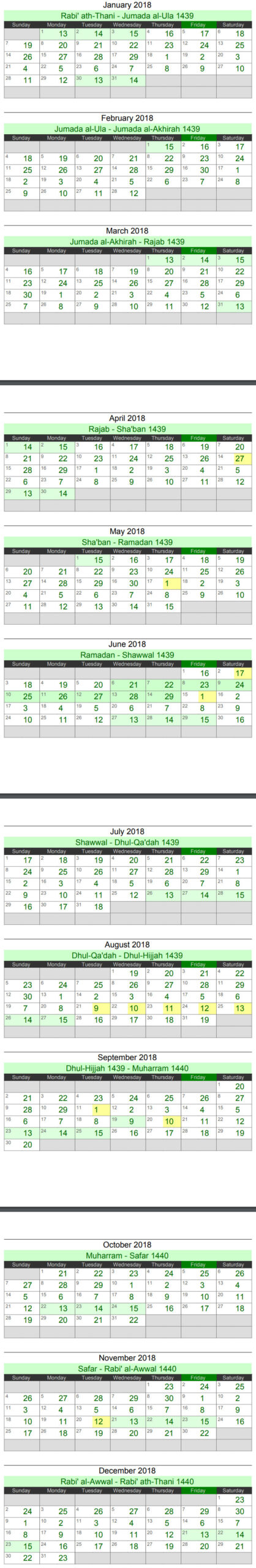 Global Islamic Hijri Calendar Year 2018 Ce (Hijri 1439 in Islamic Calendar 1438