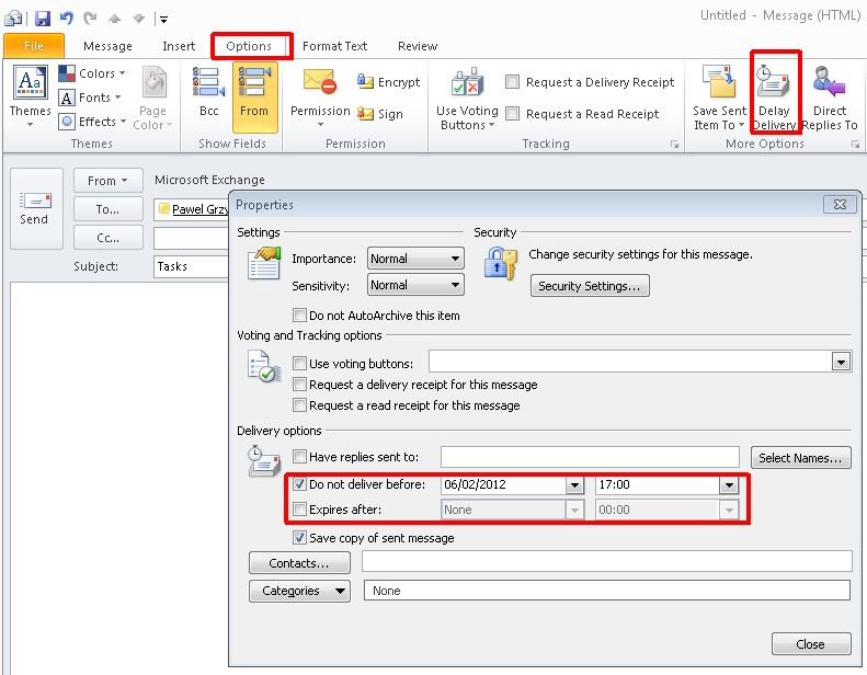 In The Message Click &quot;Options&quot; And Under &quot;Delivery Options with Outlook 2010 Shared Calendar No Connection