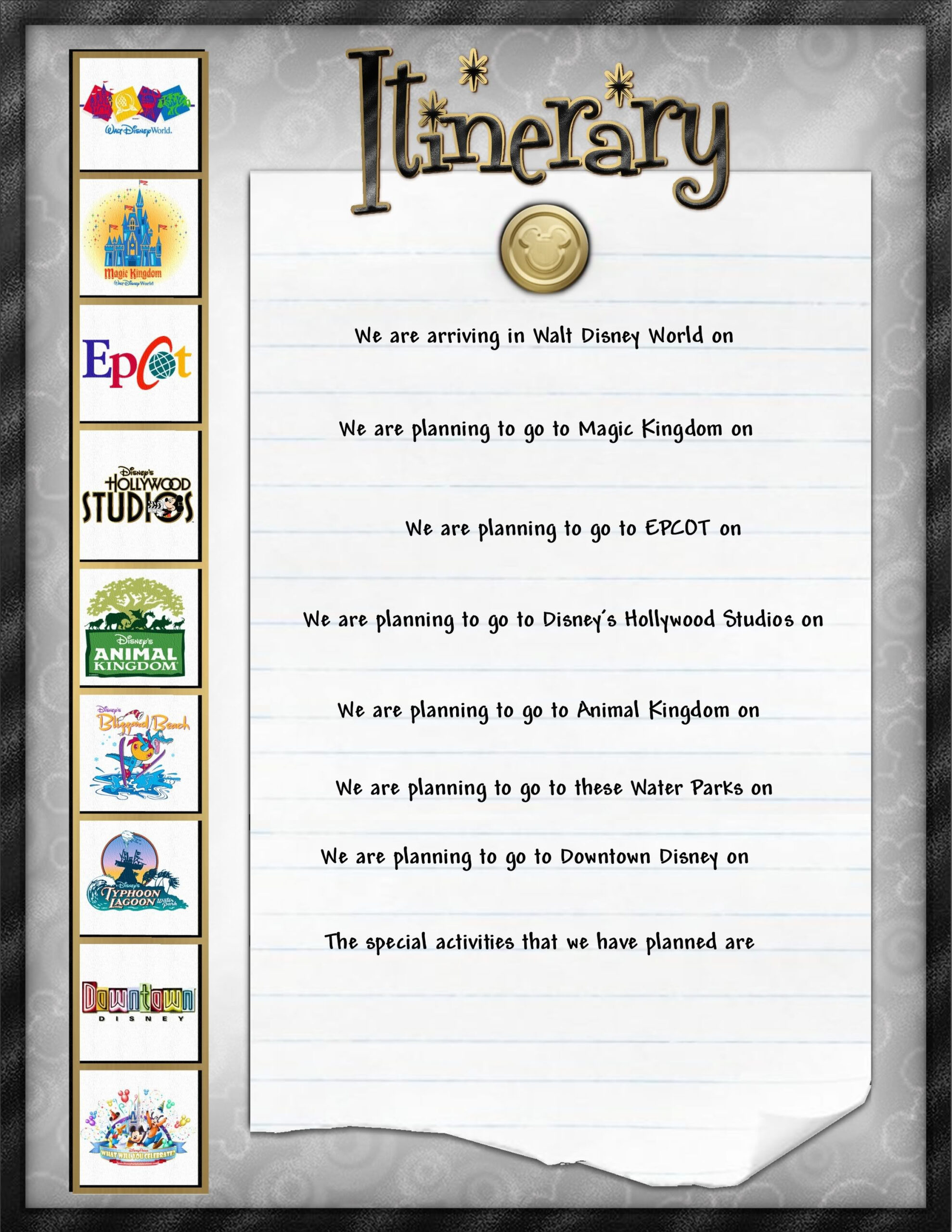 Itinerary | Disney Scrapbook Pages, Disney Scrapbook pertaining to Disney Itinerary Template