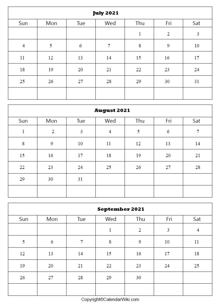 July August September Blank 2021 Calendar | Printable The Calendar regarding 3 Month Free Printable Calendars 2021