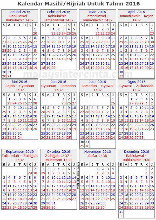 Kalendar Islam 2016 Masihi  14371438 Hijrah | Islam regarding Hijri Calendar 1438